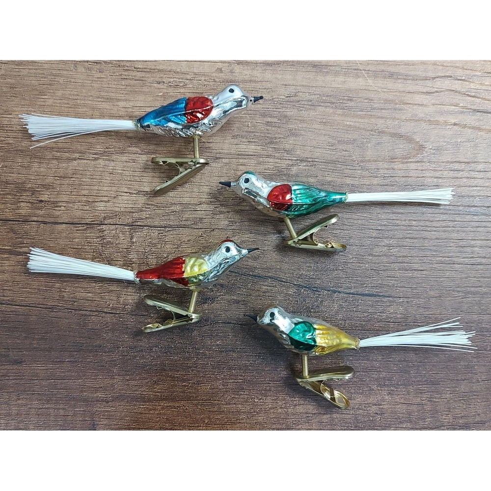 Vintage Blown Mercury Glass Bird Clip On Christmas Ornament Lot Of 4 A4